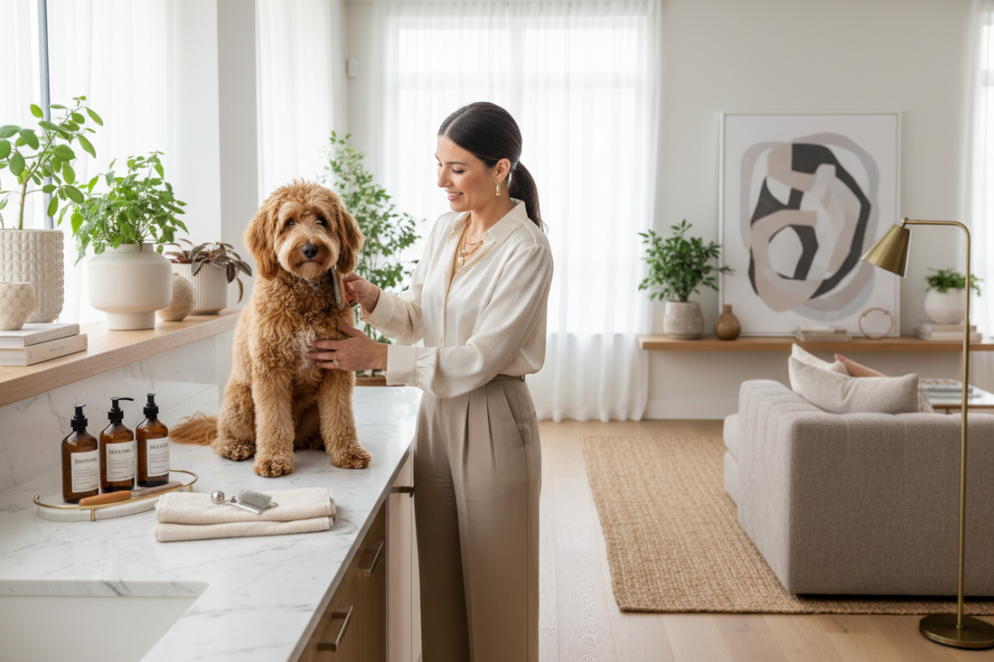 A Stylish Pet Care Routine for Women with Apparel, Grooming, and Home Décor Accents