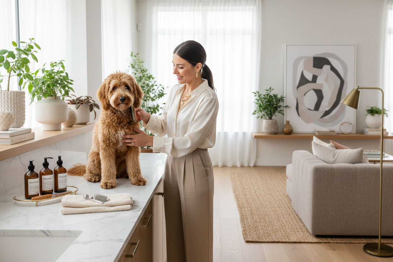 A Stylish Pet Care Routine for Women with Apparel, Grooming, and Home Décor Accents