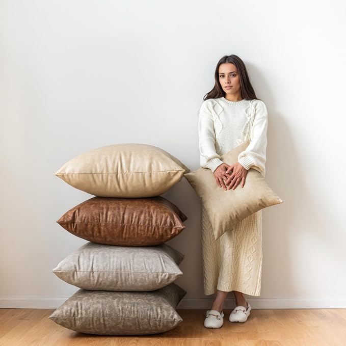 Oversized Neutral Decorative Leather Pillow Cover Pack of 2, - Image 6