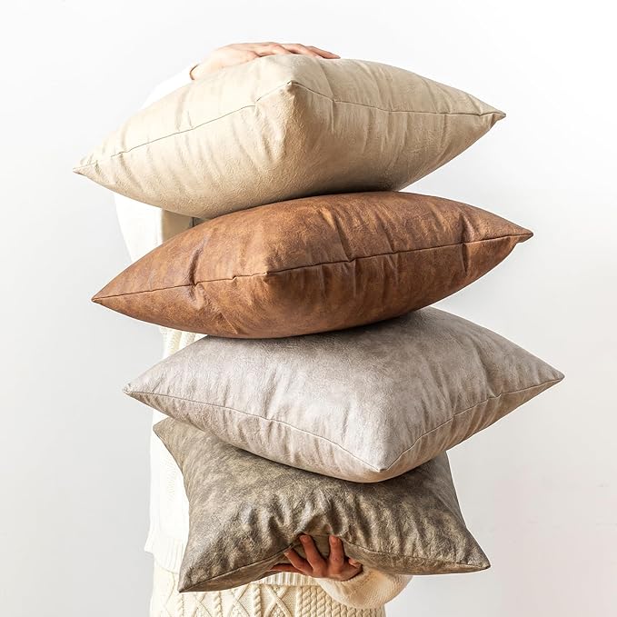 Neutral Decorative Faux Leather Pillow Covers, - Image 3