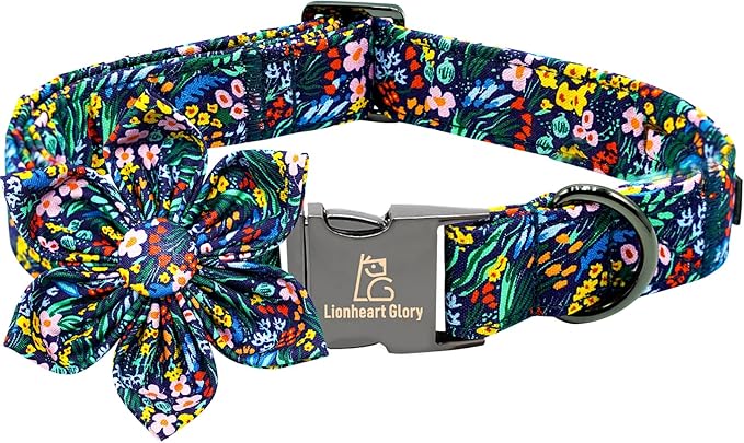 Lionheart glory Dog Collar Darkblue Flower Dog Bow Collars Floral Dog Collar by LionheartGlory